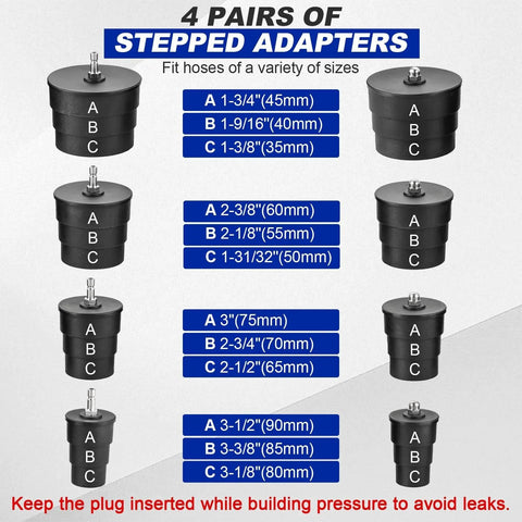 Four pairs of stepped adapters for Turbo System Leakage Tester Kit DASBET, sizes 1 3 8 to 3 1 2 inches shown.