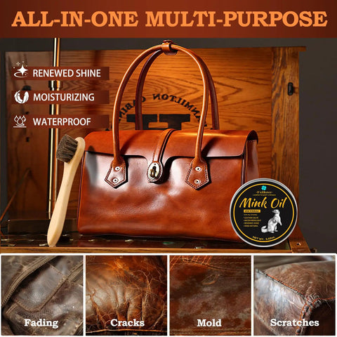 4 in 1 Mink Oil Leather Care Kit for Boots and Shoes with Waterproof Formula Premium Cleaner and Conditioner Set Includes Brush Sponge Towel for daily use Feilove with a bag, brush, and mink oil.