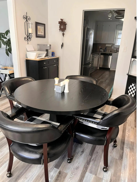 Dining room with chairs featuring 2 Inch Grip Ring Swivel Ball Caster Wheels For Furniture Rolling Chairs Office Chairs Dining Chairs Antique Brass Finish Durable Steel And PP Pack Of 4 Quiet Smooth Wheels With Floor Protection For Hardwood Laminate And Tile Surfaces.