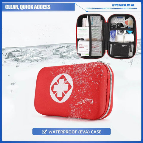 Mini Travel First Aid Kit With 201 Pieces Of Emergency Medical Supplies In A Waterproof Compact Bag featured with open view