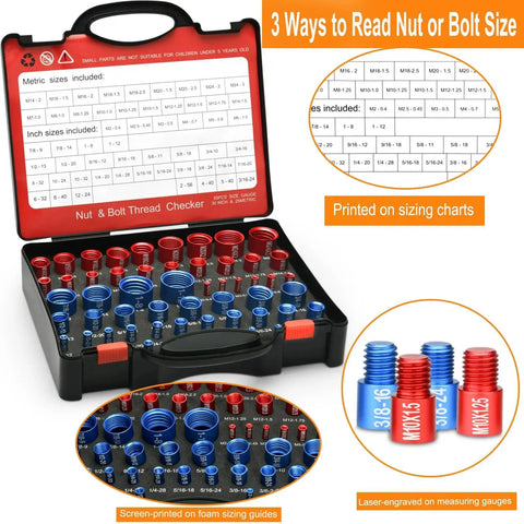 55 Pieces Nut And Bolt Thread Checker Kit With 25 Metric And 30 Standard Gauges, Detachable Bolt Size Finder with foam insert
