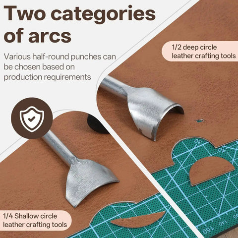 Two leather punches from the 14 Sizes Leather Corner Punch Set With Half Round Punch And Rubber Hammer For DIY Leathercraft Belts Wallets Bags 10mm To 40mm Durable Alloy Steel Build.