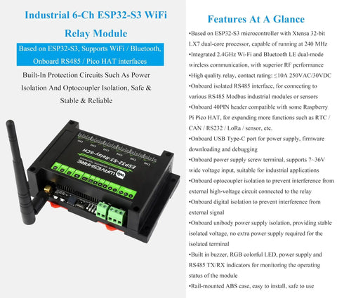 6-Channel ESP32-S3 WiFi Relay Module with Bluetooth, RS485 control, onboard Pico HAT interfaces, industrial-grade shown in product display.