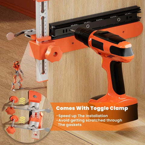 Adjustable Drawer Slide Jig With Toggle Clamp And Magnetic Arm For Precision Cabinet Installations, Laser Engraved Dual Scale Marks For Perfect Alignment, Easy Drawer Slide Mounting Tool for DIY Woodworking Projects in use with drill on wooden cabinet.