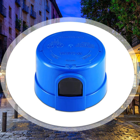 Close-up of Three Pack Photocell Twist Lock Auto On Off Sensor Switch For Outdoor Lighting Dusk To Dawn Light Control, blue weatherproof exterior.