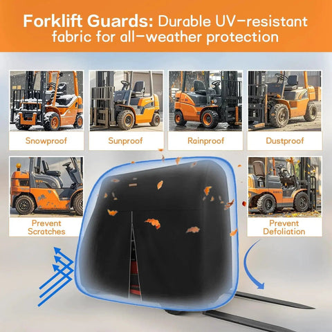 Universal Forklift Weather Cover With Zipper Door And Reflective Strips 8000 Lbs illustration showing protection benefits