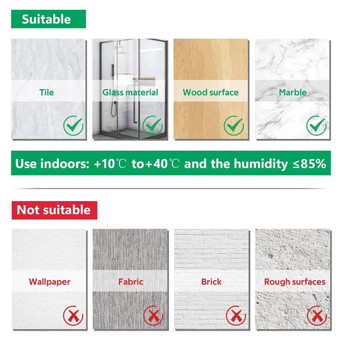 Image showing suitable and not suitable surfaces for 3 Pack Wall Mount Mop And Broom Holder Dustpan Organizer Self Adhesive No Drill.