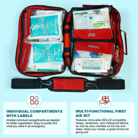 Open view of Pro Grade 435 Piece First Aid Kit With Compartments And Compressed Gauze For Home Camping Travel Backpacking Boat Car Or Outdoors Red SuccorWare Emergency Medical Kit showing internal contents and labels.