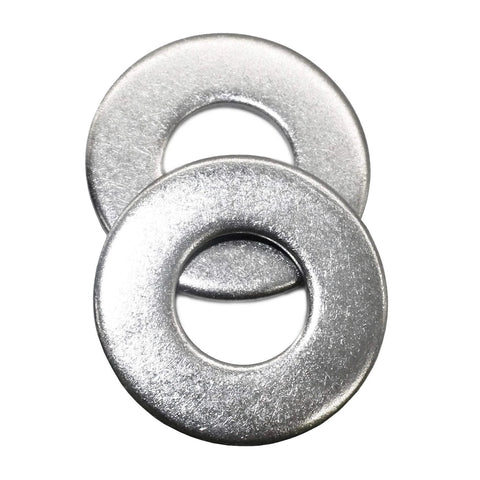 Two overlapping stainless flat fender washers, 3/8 in x 1 in OD, 0.080 in thick, 304 stainless
