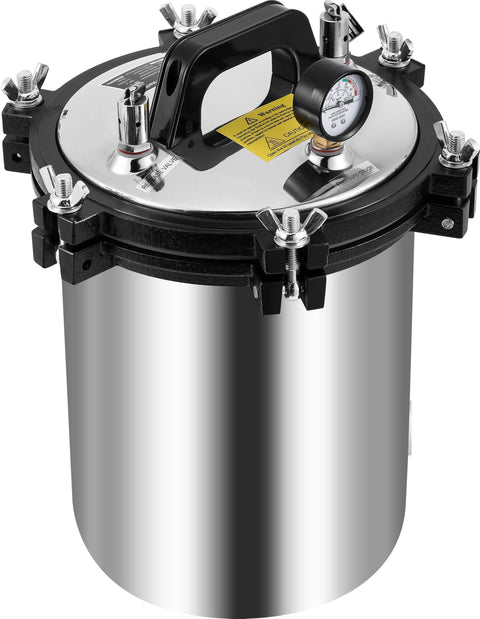 12L stainless steel steam autoclave with black clamp lid, handle, and pressure gauge