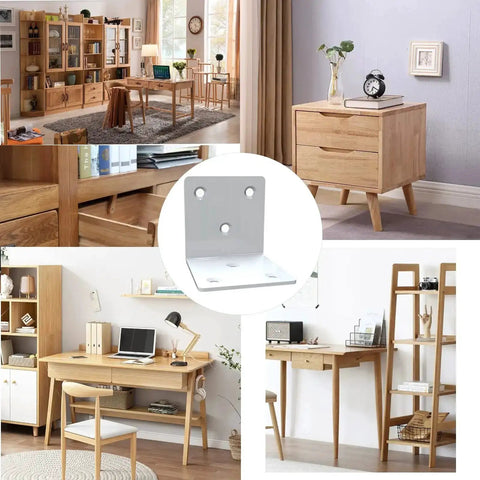 White Stainless Steel Corner Bracket Right Angle Shelf Support shown in various room settings, highlighting metal braces for wood shelving.