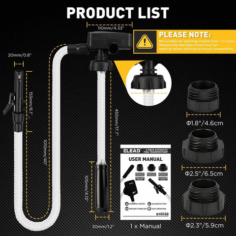 Battery Powered Fuel Transfer Pump No Spill Portable Gas Can Siphon Pump With Auto Stop Safety 3.2 GPM For Gas Diesel Oil Includes 3 Adapters