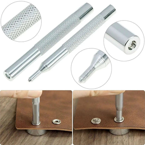 All In One Craft Tool Die Punch Snap Kit Rivet Setter With Base For DIY Projects, close-up of metal tool setting snap on leather