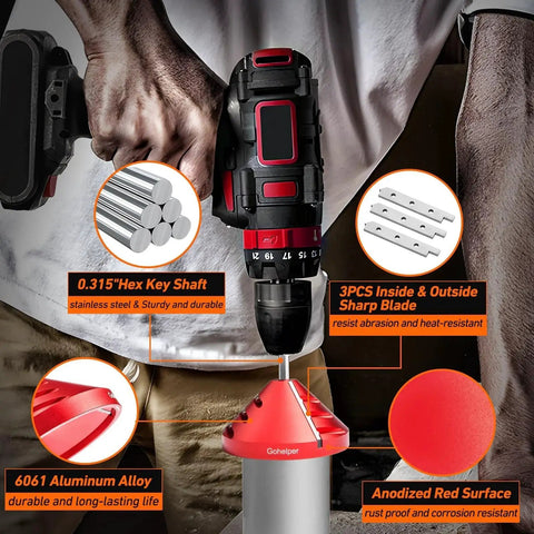 2 In 1 Inner Outer PVC Deburring Tool Chamfer Reamer For Pipe Edges attached to a drill, highlighting features and materials.