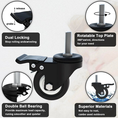 Stem Caster Set Of Four With One And A Half Inch Stem And Five Sixteenth Inch Bolt High Quality No Noise Polyurethane Wheels Quiet 360 Degree Swivel With Brake Lock Floor Friendly For Wood Floors Each Caster Supports One Hundred Ten Lb, features dual locking and double ball bearing.