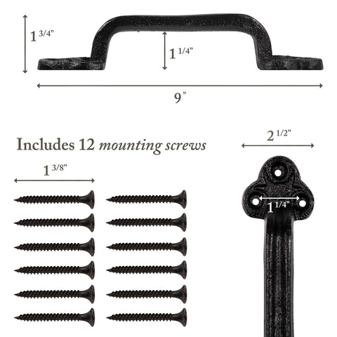 Beefy Heavy Duty Barn Door Handles Set Of 2 Black Rustic Cast Iron Gate Handles For Farmhouse Decor Sliding Doors With Hardware Large 9 Inch Indoor And Outdoor Use Pre Drilled Holes dimensions and included screws