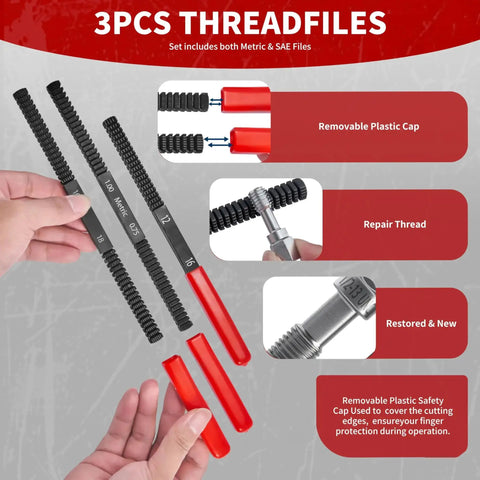 61-Piece Thread Chaser Set For Metric And SAE Threads With Pitch Gauge Complete Thread Repair Kit For Automotive And Motorcycle Engines Engine Blocks Nuts And Bolts DIY Repairs showing three threadfiles with removable caps.