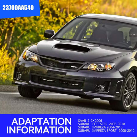 Front view of a black Subaru car model showcasing adaptation information for 90A 12V Car Alternator For Subaru Impreza 2004 2010 Forester 2006 2010 And Saab 9-2X 2006 Replacement