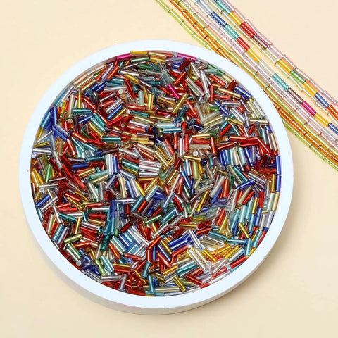 Glass Bugle Beads Bulk 4200 Pcs 2x6mm mixed colors in round dish for jewelry making and crafts