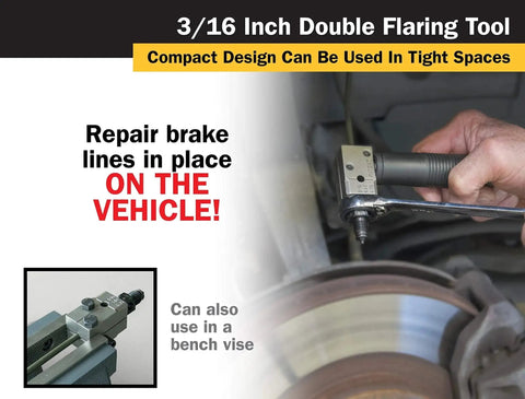 3/16 Inch SAE Inverted 45 Degree Double Flaring Tool For Tubing in use on brake line, compact design fits tight spaces.