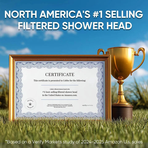 Certificate and trophy for North America's #1 selling filtered shower head with handheld 6 spray modes chlorine removal.