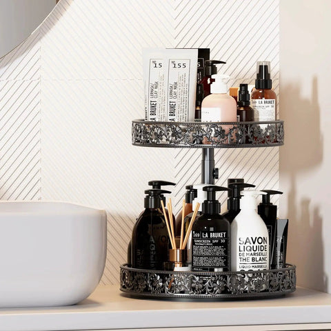 Height Adjustable Two Tier Lazy Susan Turntable For Cabinet And Countertop, 12 Inch Metal Spice Rack Organizer on bathroom counter