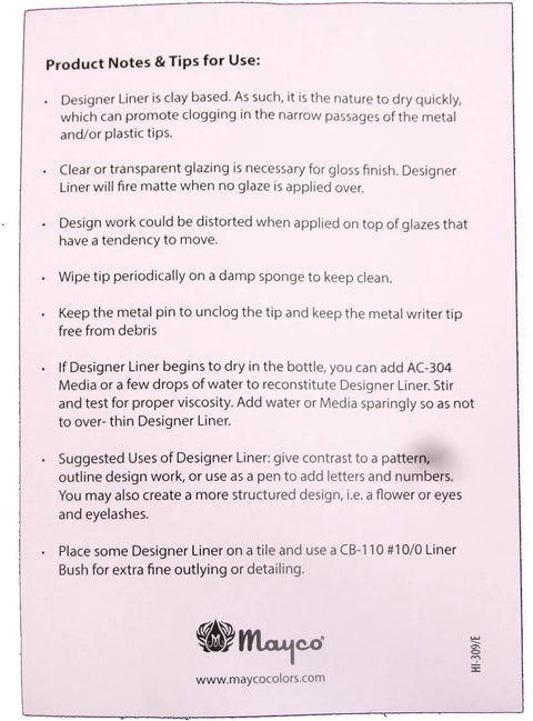 Instructional booklet for All 10 Colors Designer Liner Ceramic Glaze Kit With 1.25 Ounce Bottles For Fine Detail Lines Dots And Letters Includes Free Instructional Booklet Clay Based And Heavily Pigmented With A Metal Writer Tip From Mayco.