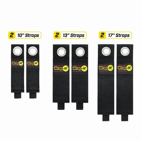 Heavy Duty Storage Straps Six Pack For Garage Cord Management And Cable Organization for RV; 10, 13, 17-inch straps displayed