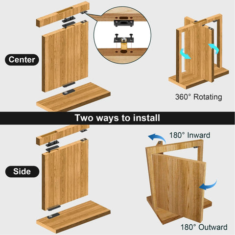 Hidden Pivot Hinge For Secret Doors And Hidden Bookcases Thickened Rock Solid Heavy Duty Steel Hardware With 870 Lbs Load Bearing 360 Degree Rotation Smooth Bearing Design Rust Resistant Patented shown in two installation methods