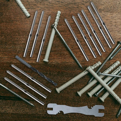 Stainless Steel Lag Screws For Deck Cable Railing Hardware Left And Right Threaded Screws For Wood Posts In Outdoor Decking Systems No Extra Turnbuckle Or Tensioner Needed Heavy Duty Weatherproof Fasteners For Easy Install scattered on wood surface