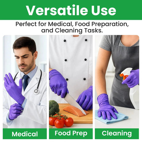 X Large Nitrile Disposable Gloves Powder Free Textured Fingertips For Medical Lab shown in medical, food prep, and cleaning uses