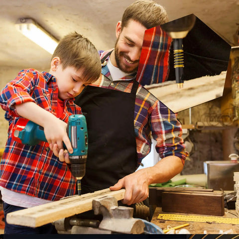 Father and son using MorningRo Self Centering Hinge Drill Bit Set 3 Pc for precise hinge holes in wood, focusing on DIY project.