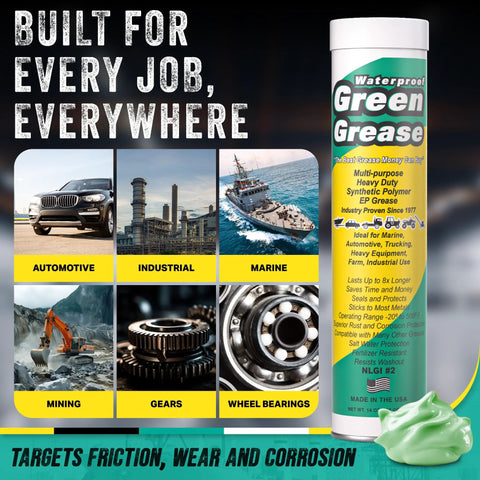 Front view of a 14oz Green Grease tube, waterproof NLGI 2 lithium, marine grade by Amazon.