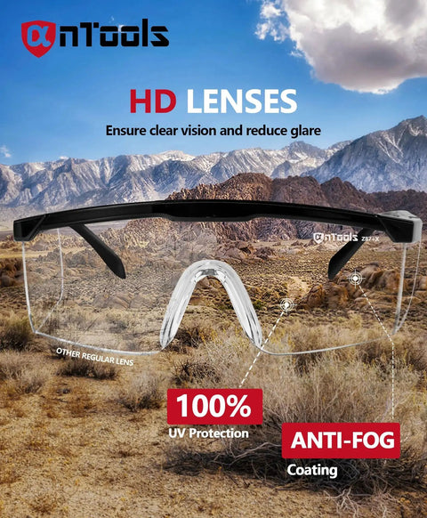 Anti Fog Safety Glasses With Adjustable Temples ANSI Z87 Plus Clear Eyewear, shown with HD lenses and UV protection, outdoor background