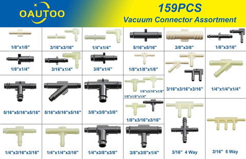 159 piece OAUTOO 32 Size Automotive Vacuum Tubing Connector Kit with connectors ranging from 1/8 to 3/8 inches for cars and trucks.