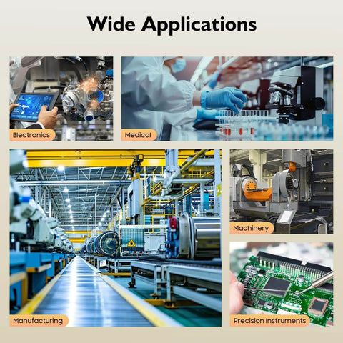Collage showing electronics manufacturing, medical lab work, an industrial plant, machinery, and precision instruments.