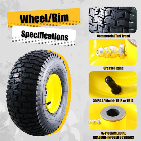 15x6.00-6 Tubeless Lawn Mower Tire And Wheel Assembly Front Replacement For John Deere And Other Riding Mowers Four Ply Pneumatic Three Inch Offset Hub Three Quarter Inch Bearings Two Piece Set Not For Highway Use 700 Lb Load Capacity with commercial turf tread, grease fitting, and 3/4" commercial grade-influenced bushings.