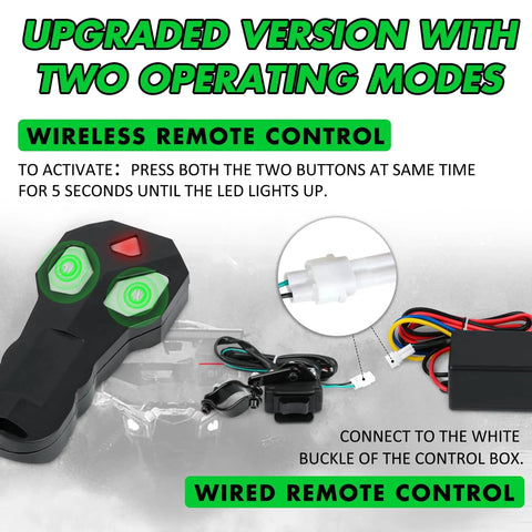 Front view: STEGODON 2500 lb ATV/UTV electric winch with wired and wireless remotes; black unit, green LED buttons.