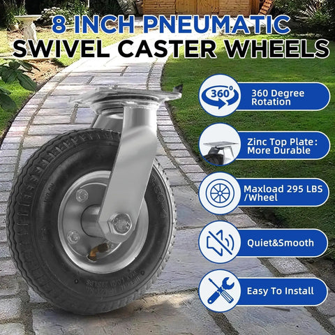 8 Inch Pneumatic Swivel Caster Wheels With Zinc Top Plate And 360 Degree Rotation For Cart Dolly Trolley Workbench And Wagon