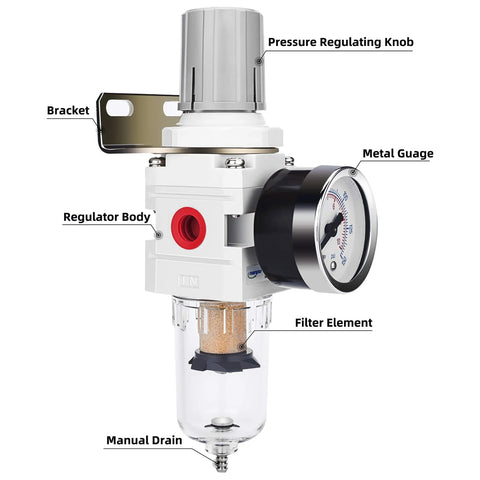 Front view of NANPU 1/4" NPT air filter regulator combo with 0-150 psi gauge, poly bowl, manual drain, metal bracket