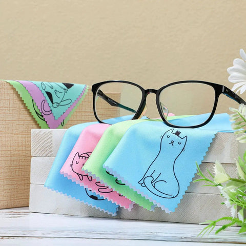 20 Pcs Kitty Design Microfiber Cleaning Cloths for Glasses and Phones 6x6 Inches with eyeglasses displaying kitty patterns