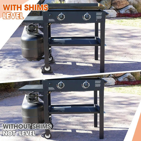 Comparison of flat top grill with and without 8 Pack 1/4 Inch Griddle Leveling Shims Kit for Blackstone Griddles and Most Grills.