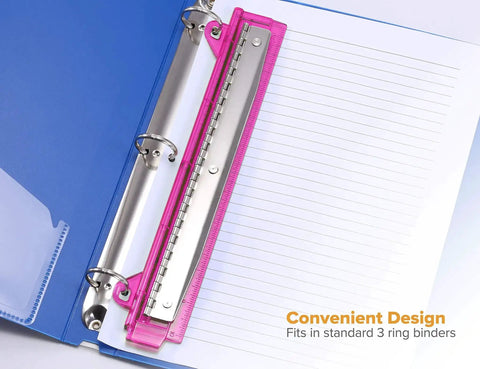 3 Hole Punch For Ring Binders With Integrated Ruler And Five Sheet Capacity Compact Travel Friendly Design in pink installed in binder