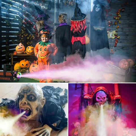 Powerful 600W Fog Machine With Disco Ball And 13 Color LED Lights used at Halloween event creating fog and light effects