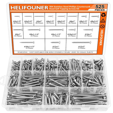 525 Piece Wood Screw Set In 16 Sizes Stainless Steel Self Tapping Phillips Flat Countersunk Wood Screws For Any Project From Size 4 To Size 12 And Lengths From Half Inch To Two Inches 304 Stainless Great For Decks Furniture Cabinets DIY