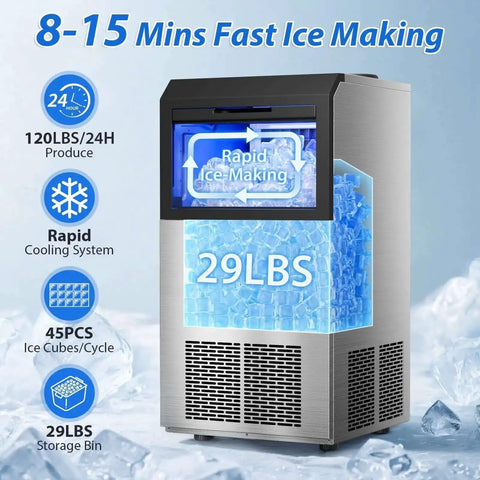 High Efficiency Under Counter Ice Maker, 120 Lbs Per Day, Stainless Steel, 45 Ice Cubes Per Cycle, with self clean and storage bin