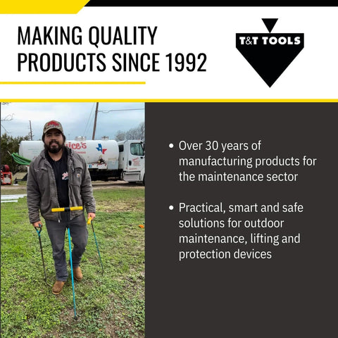 Man holding Top Popper Manhole Hook With Rotated Handle 2.5-Foot, alloy steel, heat-treated for heavy duty lifting, in grassy area.