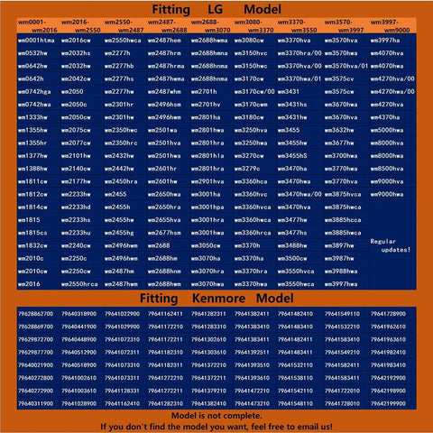 Washer drain pump motor compatibility chart for LG and Kenmore models; orange frame with blue grid of part numbers.