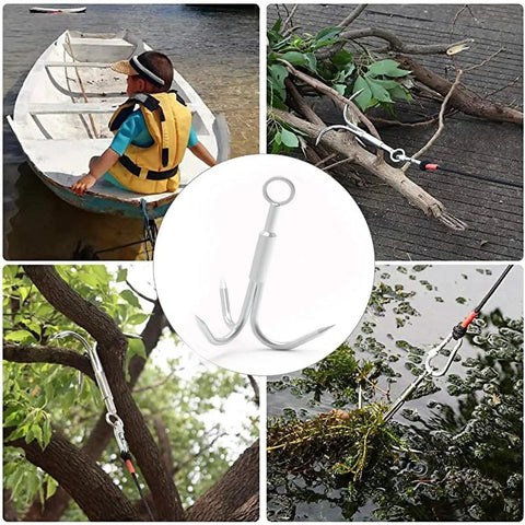Three Size Stainless Steel Grappling Hook Set With Three Claws for anchor retrieval and outdoor use in various scenarios.