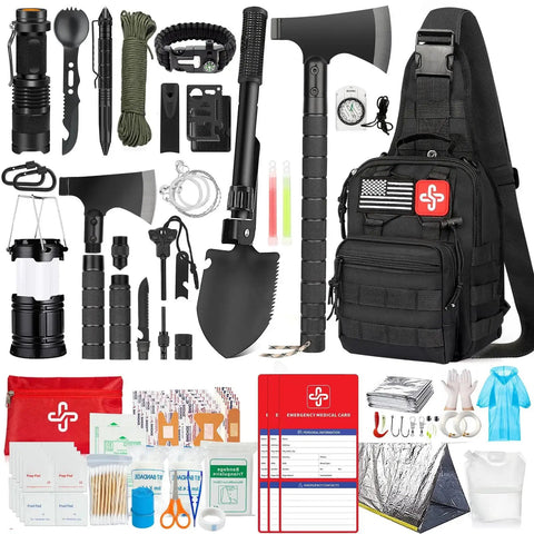 262 Piece Survival Kit with First Aid Pouch and Crossbody Bag for 72 Hour Emergency Preparedness, Tent, Axe, Shovel Displayed